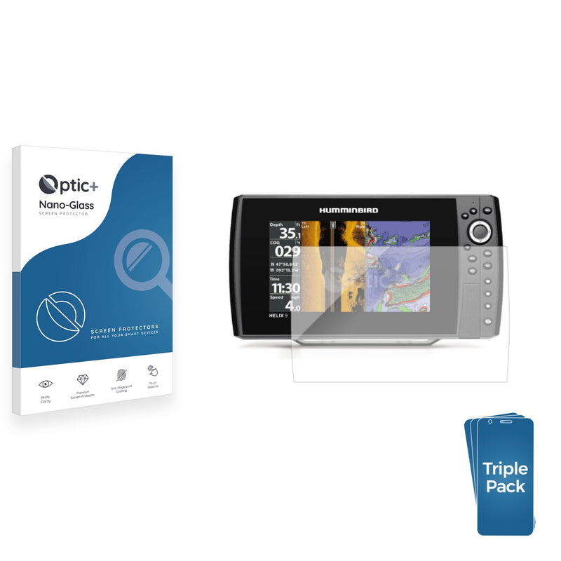 3pk Optic+ Nano Glass Screen Protectors for Humminbird Helix 9 CHIRP MSI+ GPS G4N