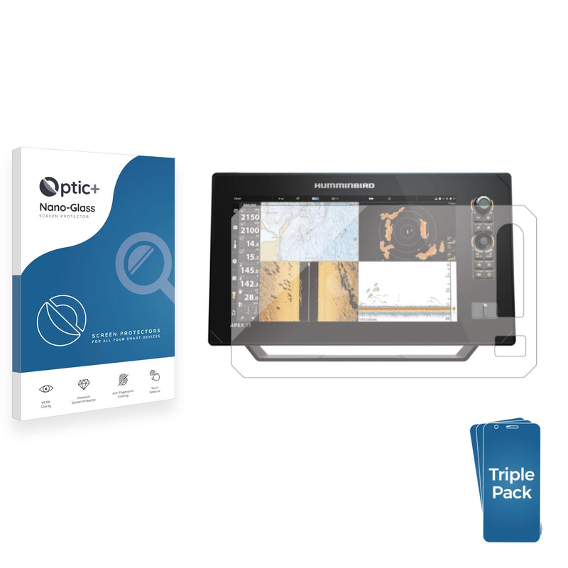 3pk Optic+ Nano Glass Screen Protectors for Humminbird Apex 13 MEGA SI+